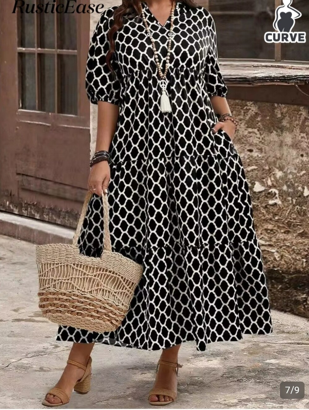 Curve NAVY & White Geometric Maxi Dress 2X